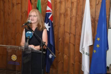 Ms Fiona McKergow, Australian High Commissioner to Cyprus speaking at the book launch on Cypriots in Australia.